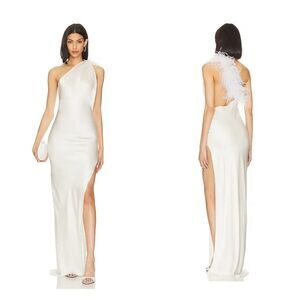 NWT MadeByIla One Shoulder Feather Trim Open Back Silk Emma Gown White $1200